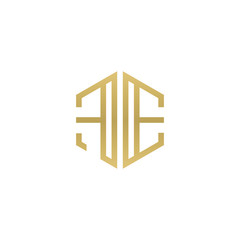 Initial letter FE, minimalist line art hexagon shape logo, gold color
