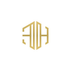 Initial letter FH, minimalist line art hexagon shape logo, gold color