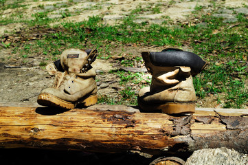 old sports shoes standing on a log, concept of traveling in the wild, close-up, copy space