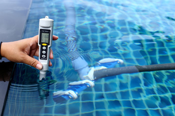 Resort Private pool has weekly check maintenance test, Salt Meter Level, to make sure water is...