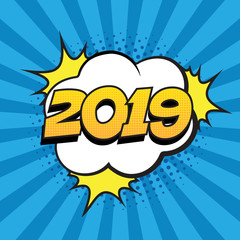 Retro comic speech bubble with colorful halftone shadow on blue stripes pattern. Number 2019 text for New Year. Vector illustration, vintage design, pop art style.