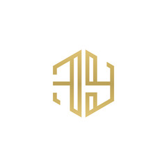 Initial letter FY, minimalist line art hexagon shape logo, gold color