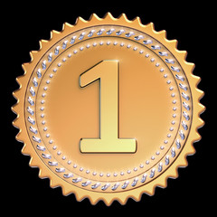 Medal award first place 1st winner golden. Number one champion success icon beautiful sparkling. 3d illustration isolated on black background