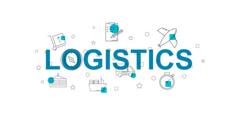 Logistics vector banner. Word with line icon. Vector background