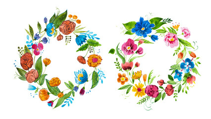 Aquarelle floral composition for card design or decoration element. Isolated hand drawn watercolor wreath composed of bright flowers and leaves