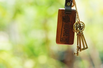 House key with home keyring in keyhole with smooth blur green garden background, property concept