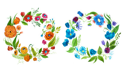 Watercolor illustration of floral diadem made of orange, red and pink flowers