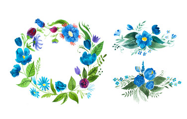 Watercolor floral wreath made of blue wild flowers isolated on white background