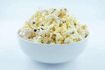 Popcorn bowl on a white background, Activity for holiday.