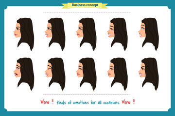 Set of woman expression isolated.Cute woman emotional female head illustration. vector face girl, sad, smiling.Businesswoman