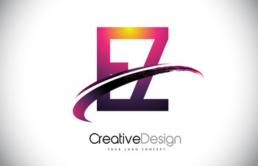 EZ E Z Purple Letter Logo with Swoosh Design. Creative Magenta Modern Letters Vector Logo.