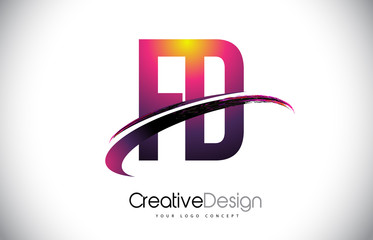 FD F D Purple Letter Logo with Swoosh Design. Creative Magenta Modern Letters Vector Logo.
