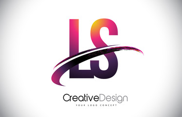 LS L S Purple Letter Logo with Swoosh Design. Creative Magenta Modern Letters Vector Logo.
