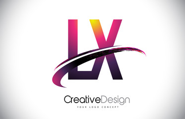LX L X Purple Letter Logo with Swoosh Design. Creative Magenta Modern Letters Vector Logo.
