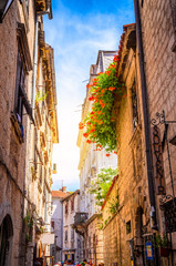 Fototapeta na wymiar Beautiful narrow streets of old town Kotor, Montenegro.
