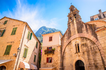 Beautiful narrow streets of old town Kotor, Montenegro.