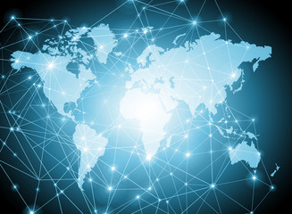 World map on a technological background, glowing lines symbols of the Internet, radio, television, mobile and satellite communications.