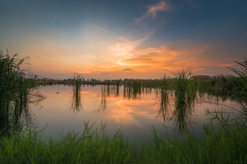 sunset lighting on lake