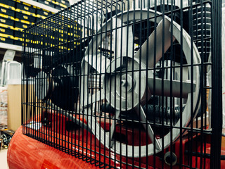 Air compressor system: manometer, cable, gun and accessories, closeup.