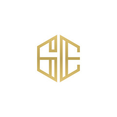 Initial letter GE, minimalist line art hexagon shape logo, gold color