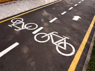 Obraz premium White bicycle sign with arrow on the asphalt, bike road sign on the street, bicycle lane sign on street, gray background