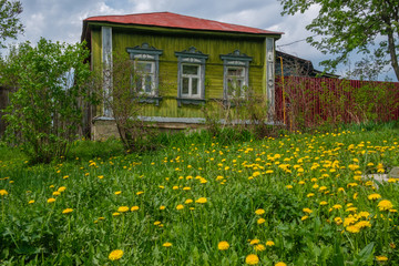 Fototapeta na wymiar old country house and yellow dandelions