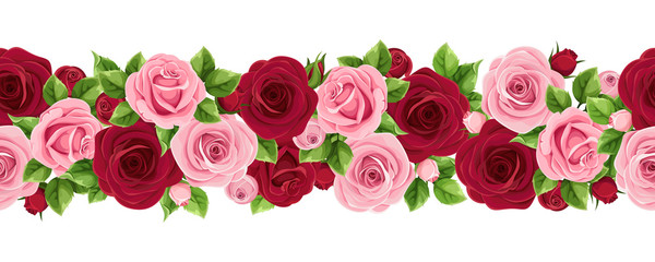 Vector horizontal seamless garland with burgundy and pink roses.
