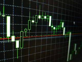 Abstract financial trading graphs on monitor. Background with currency bars and candles