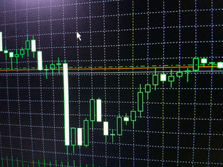 Abstract financial trading graphs on monitor. Background with currency bars and candles