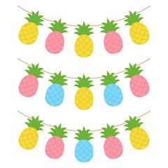 Colorful pineapple tropical fruit garland, set of summer party decoration, vector illustration.
