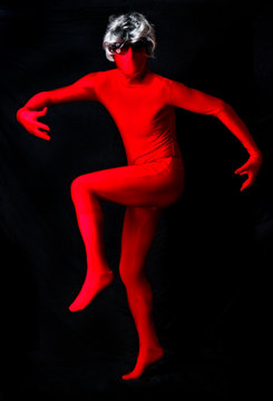 Adult Senior Man In Red Spandex Body Suit