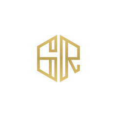 Initial letter GR, minimalist line art hexagon shape logo, gold color