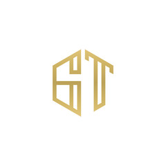 Initial letter GT, minimalist line art hexagon shape logo, gold color