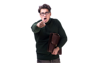 Nerd businessman with briefcase isolated on white