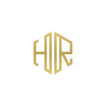 Initial letter HR, minimalist line art hexagon shape logo, gold color