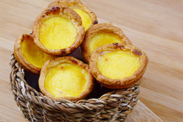 Puff pastry Menu  Egg tart  Homemade.
Egg tart in basket on wooden background.