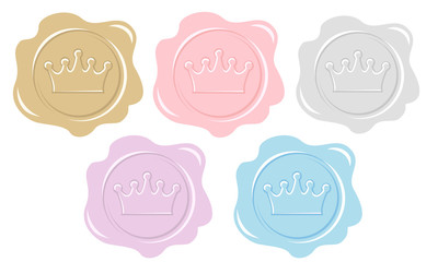 Set of wax seal icons. Element of design for royal party invitation card. Princess or prince letter. Silhouette of crown. Vintage pink, gold, silver, purple and blue stickers for decoration. Cute logo