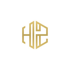 Initial letter HZ, minimalist line art hexagon shape logo, gold color