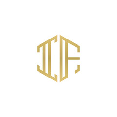 Initial letter IF, minimalist line art hexagon shape logo, gold color