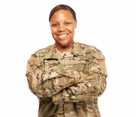 Happy female soldier in multicam uniform.