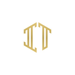 Initial letter IT, minimalist line art hexagon shape logo, gold color