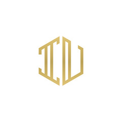 Initial letter IU, minimalist line art hexagon shape logo, gold color