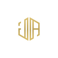 Initial letter JA, minimalist line art hexagon shape logo, gold color
