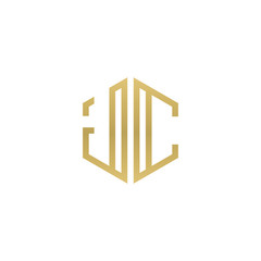 Initial letter JC, minimalist line art hexagon shape logo, gold color
