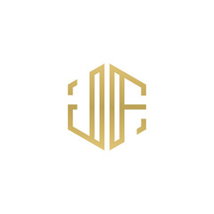 Initial letter JF, minimalist line art hexagon shape logo, gold color