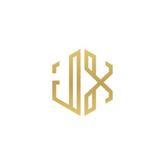 Initial letter JX, minimalist line art hexagon shape logo, gold color