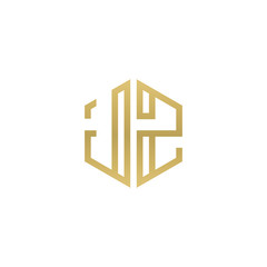 Initial letter JZ, minimalist line art hexagon shape logo, gold color