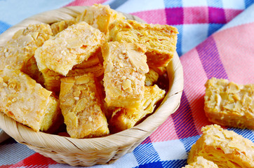 Almond puff pastry in the basket.
Puff pastry menu.