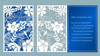 Fototapeta na wymiar Vector illustration Postcard. Invitation and greeting card. Pattern for the laser cut. flower white. flower, leaf, dragonfly, berry