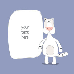 Baby shower card. Cute card with hand drawn white tiger. Vector illustration.